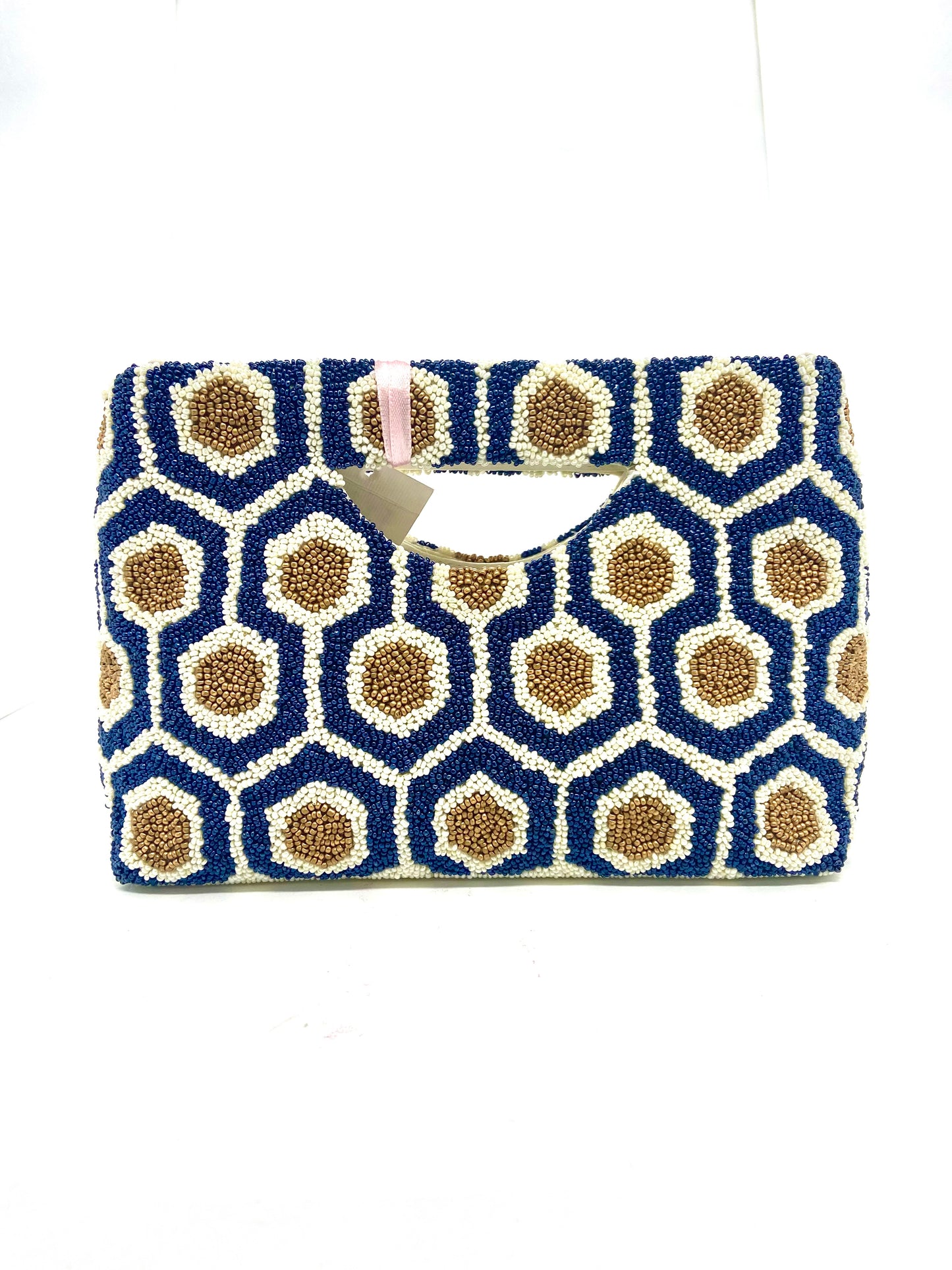 Handmade Beaded Handle Clutch, Blue White Gold Geometric Pattern W/ Gold Strap