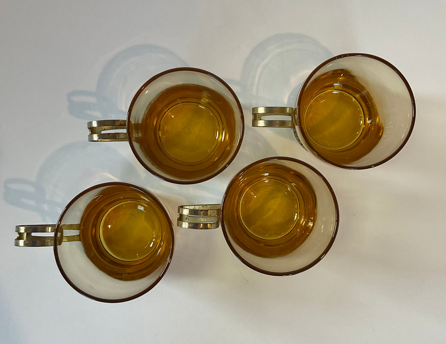 Vintage Libbey Cups, Greek Key Amber Gold Metal Holders, Set of 4