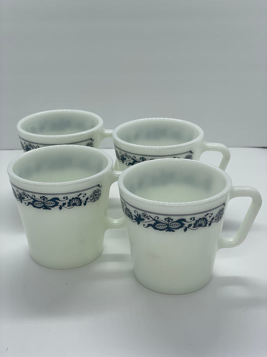 Vintage Pyrex Old Town Blue Coffee Mugs, Set of 4