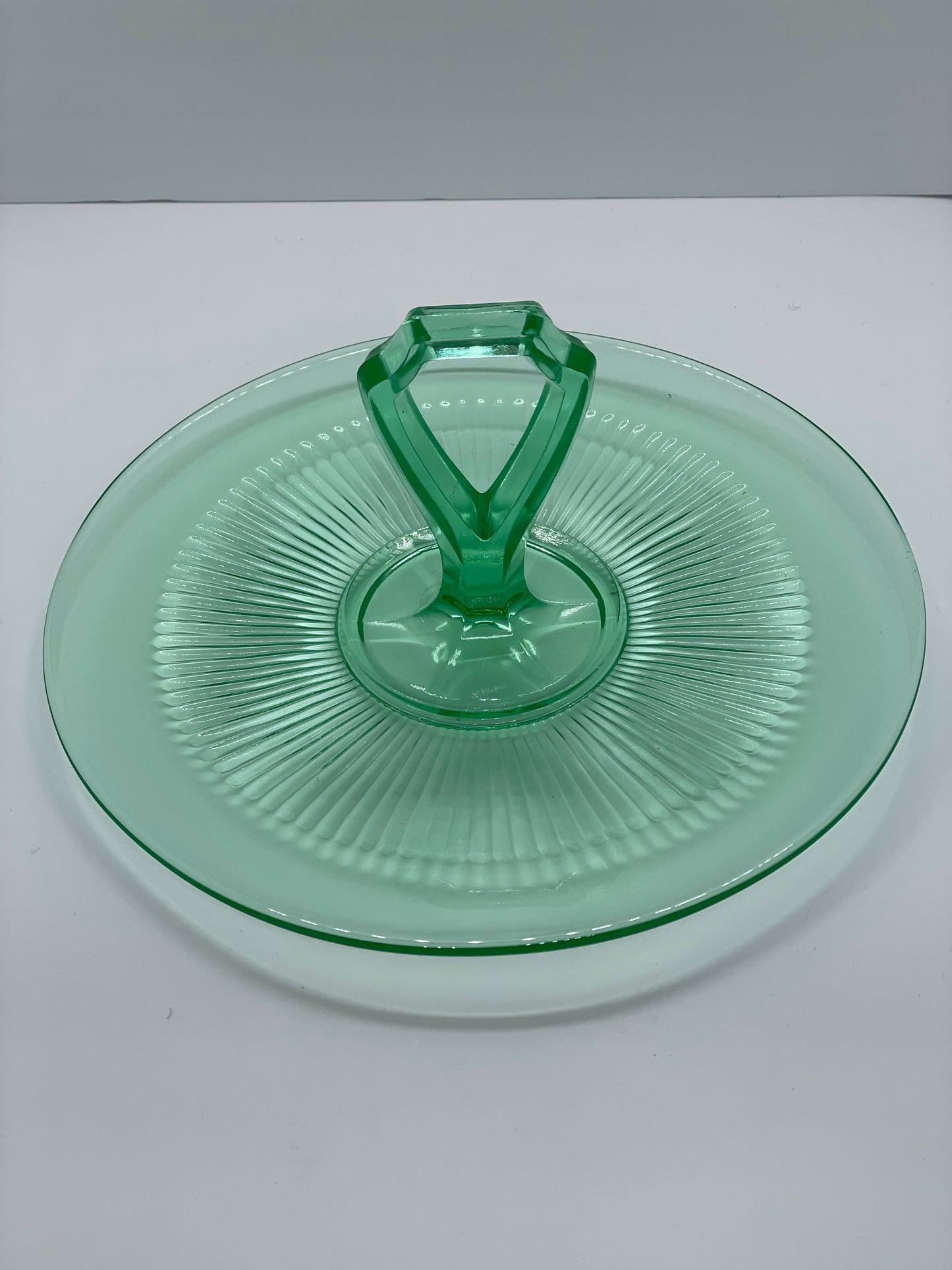 Vintage Victory Green Vaseline Depression Glass Center Handle Platter