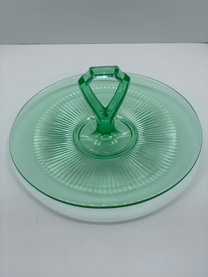 Vintage Victory Green Vaseline Depression Glass Center Handle Platter