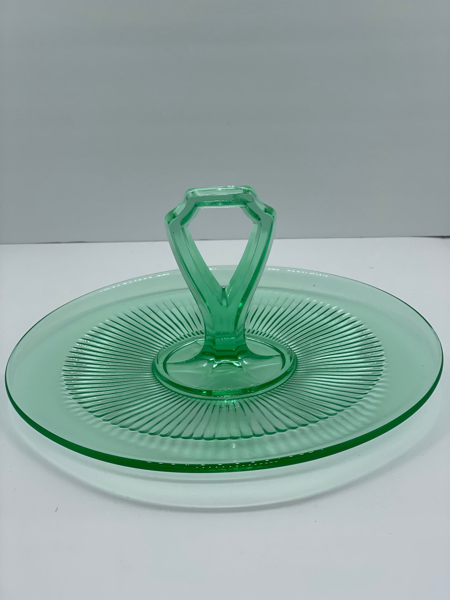 Vintage Victory Green Vaseline Depression Glass Center Handle Platter