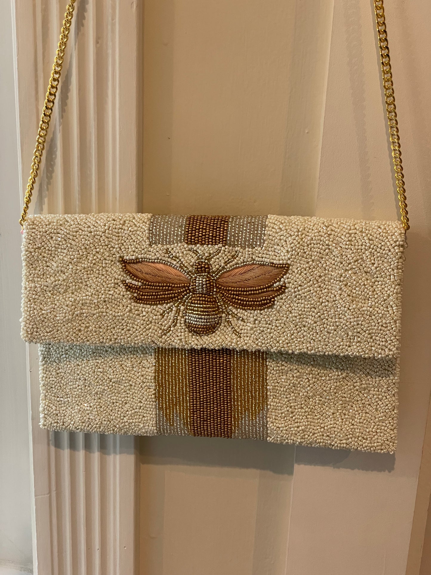 Custom Beaded Gold Bee W/ Gold & Ivory Stripe Evening Bag