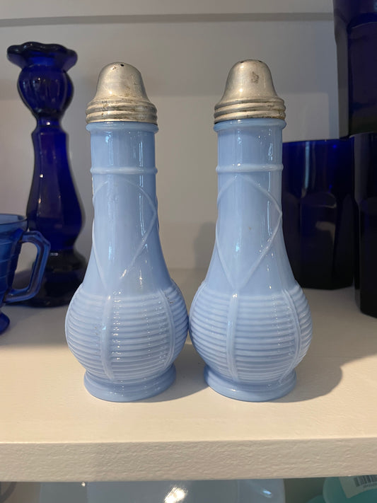 Vintage Art Deco Jeanette Glass Delphite Blue Milk Glass Salt & Pepper Shakers