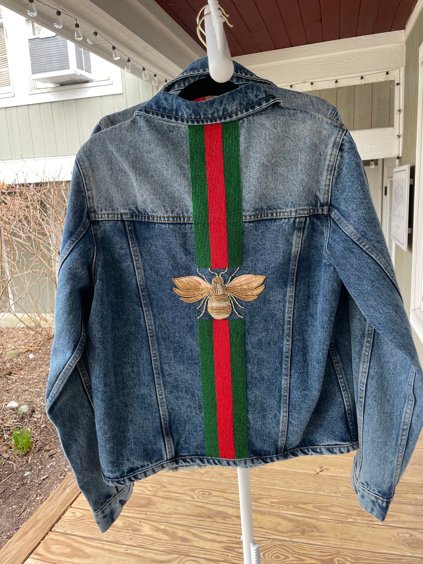 3D Bee & Green/ Red Stripe Denim Jacket