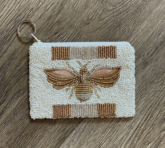 Gold & Taupe Stripe W/ 3D Bee Coin Purse