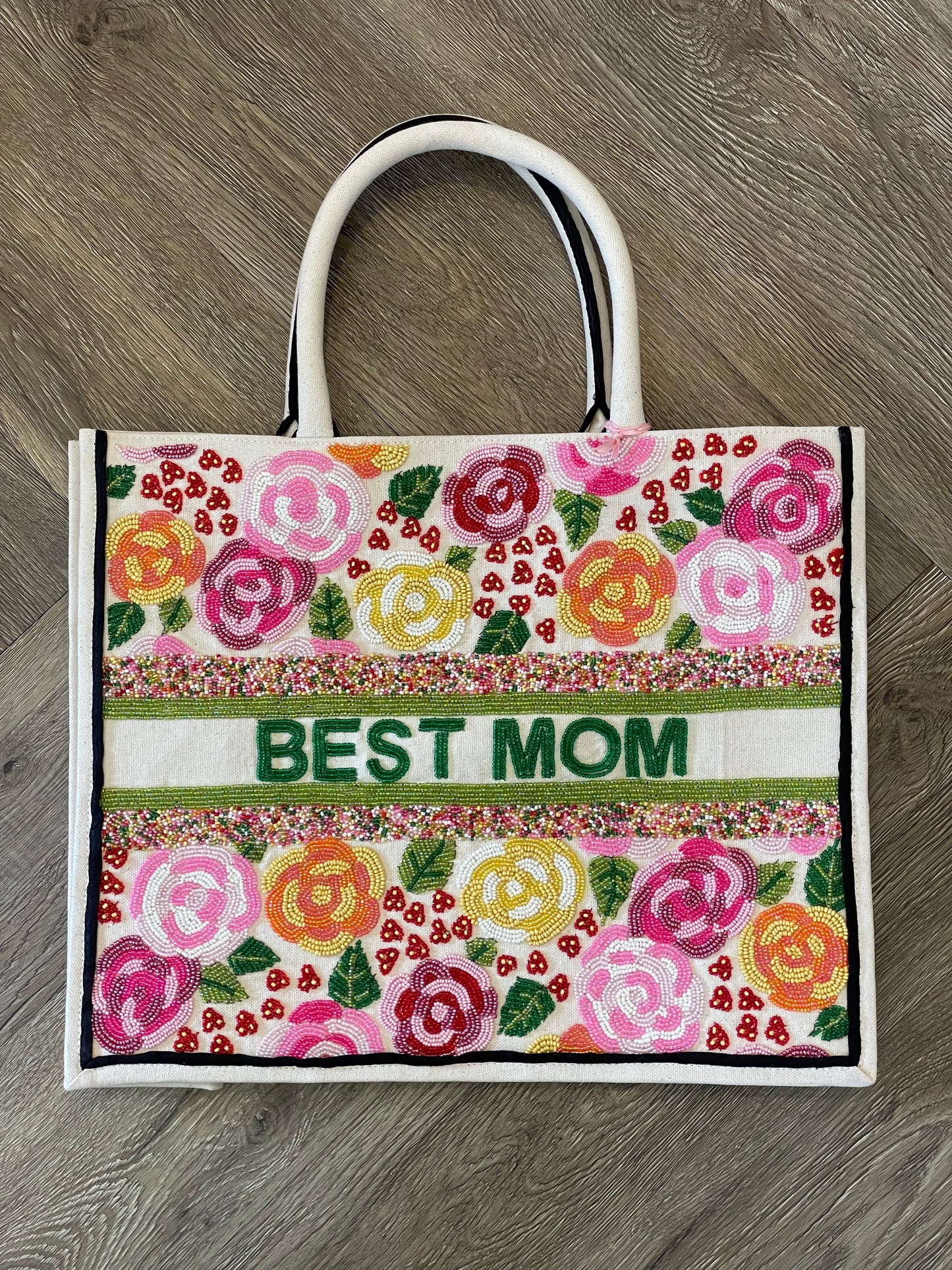 Bright Spring Floral Roses Large Beaded Tote