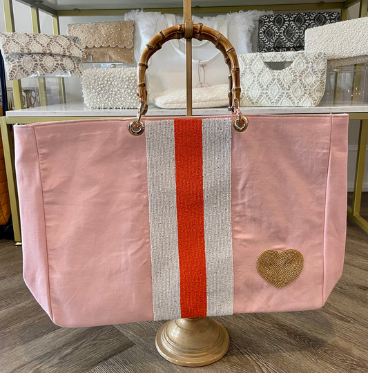Pink Tote W/ Bamboo Handles & Gold Heart