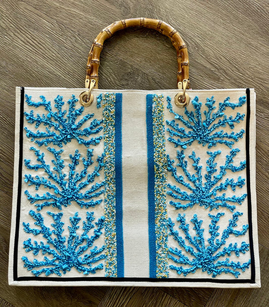 Blue Coral W/ Bamboo Handle Tote