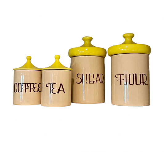 Vintage Yellow Canister Set Holiday Designs USA, 8 pc set