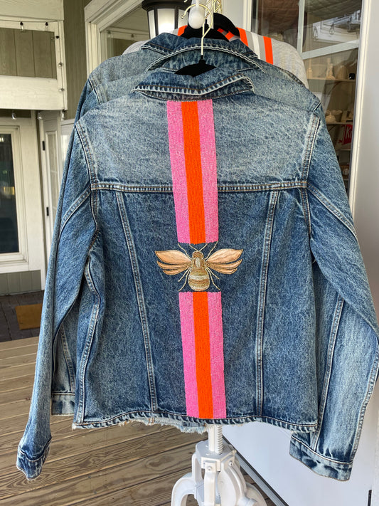 3D Bee W/ Pink & Orange Stripe Denim Jacket