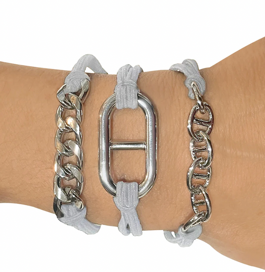 Bracelet Hair Tie - Grey Elastic Cord Silver Links