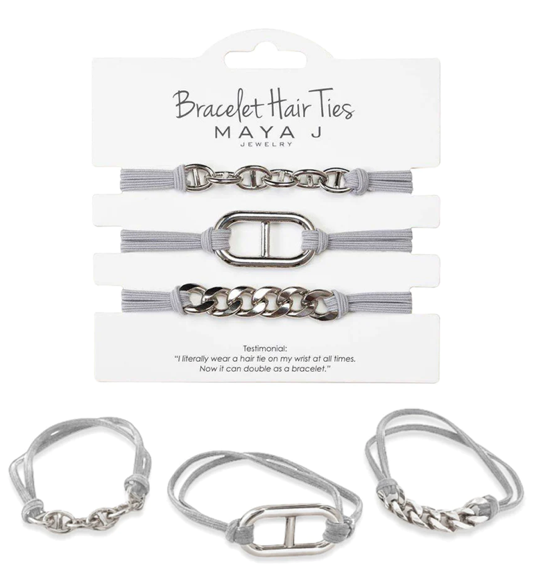 Bracelet Hair Tie - Grey Elastic Cord Silver Links
