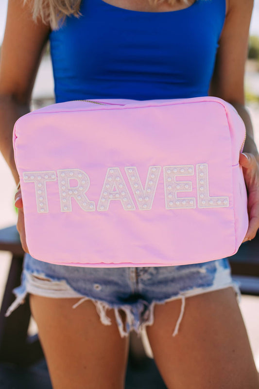 Pink Beaded Travel XL Makeup Bag