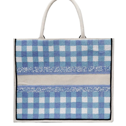 Light Blue Gingham Large Beaded Tote