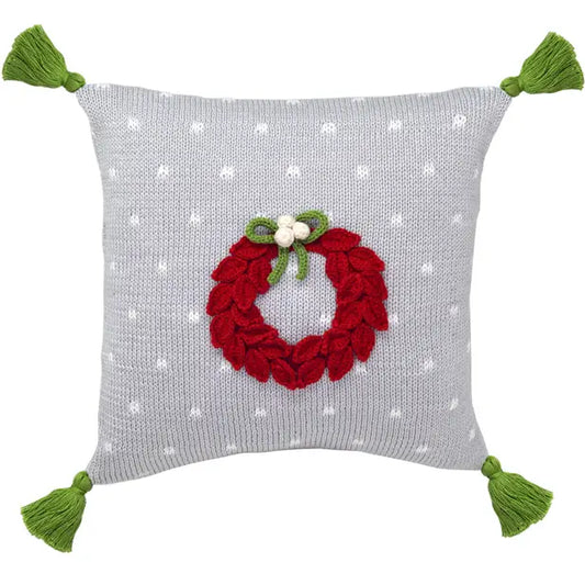 10" Red Wreath Pillow, Grey