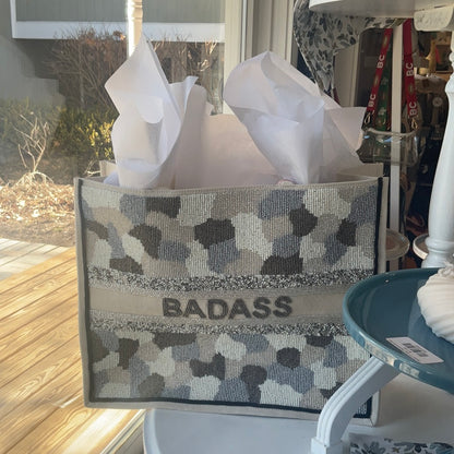 Grey Camo Large Beaded Tote