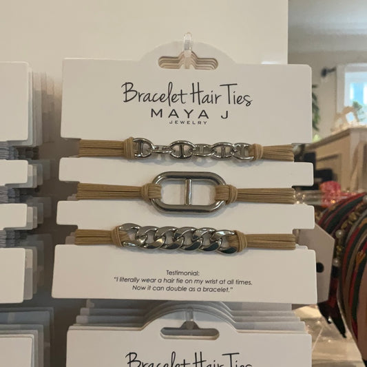 Bracelet Hair Tie - Beige Elastic Cord Silver Links